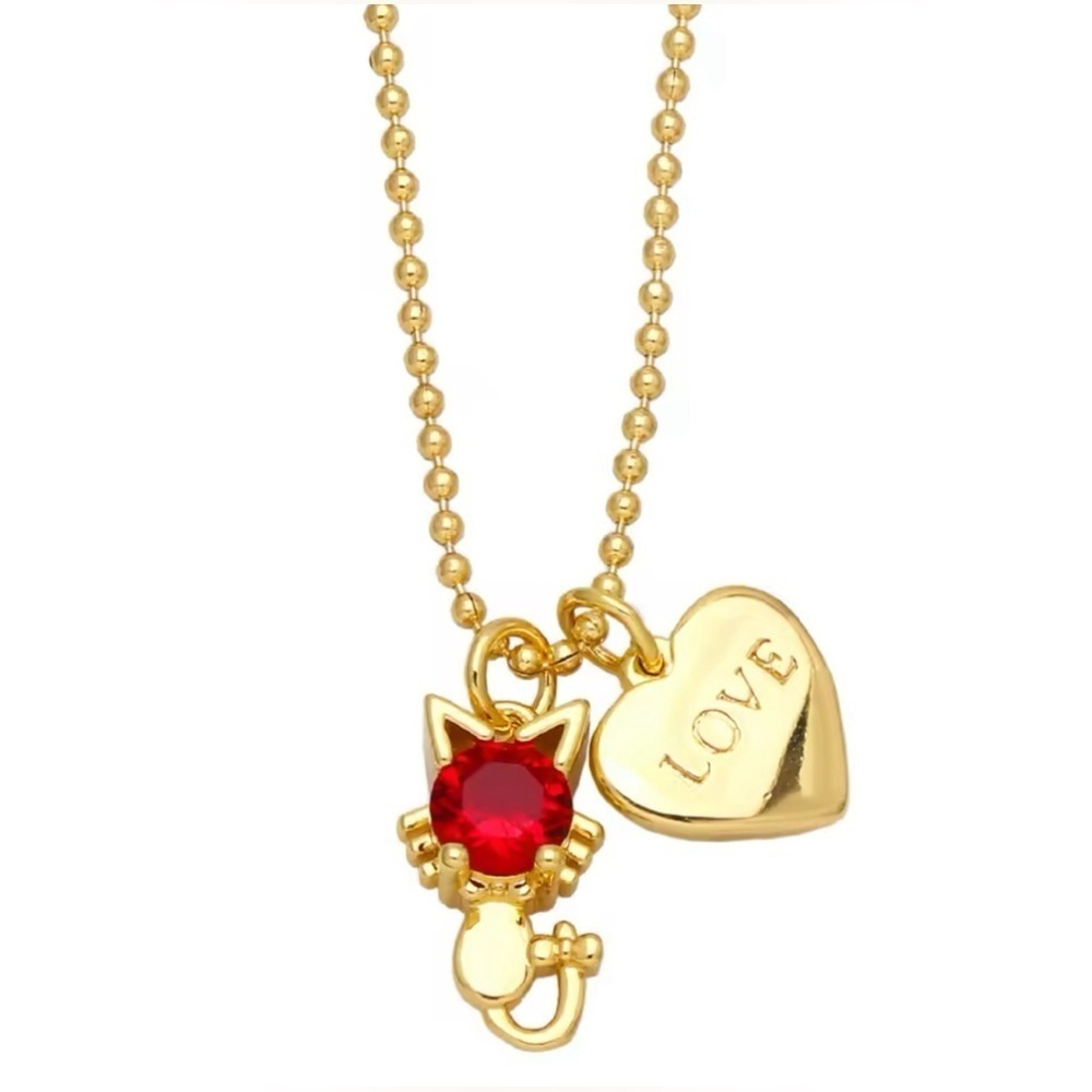 18k Gold Plated Cat Heart Love Pendant Necklace With Red Gemstone Accent 39$